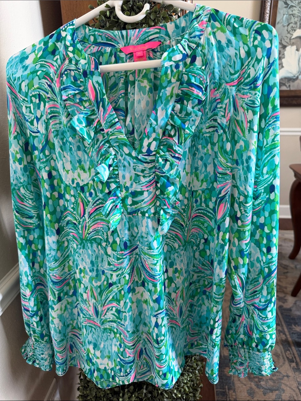 Lilly Pulitzer Aqua & Green Ruffle V-Neck Blouse with Pink Accents